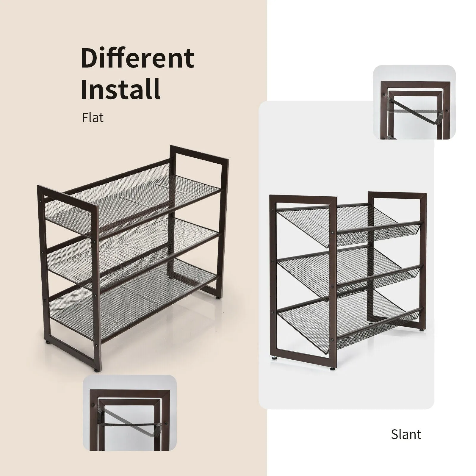 2/3/4 Tiers Flat and Slant Metal Shoe Rack for Entryway Hallway-3-Tier