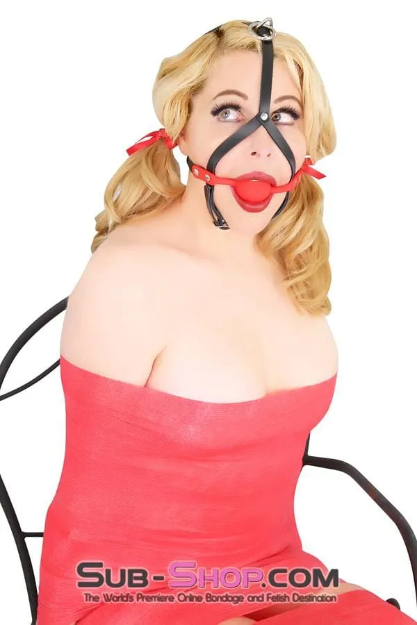 6794A      Red Silicone Ball Gag Leather Trainer with Top Strap Hardware