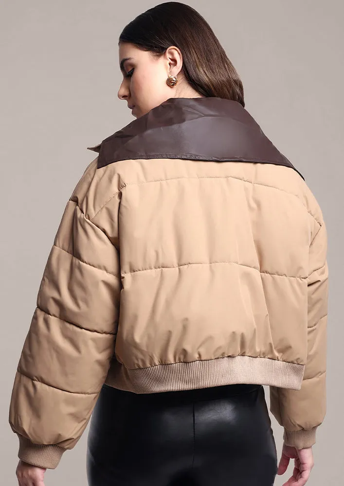 Beige Puffer Jacket With detachable collar