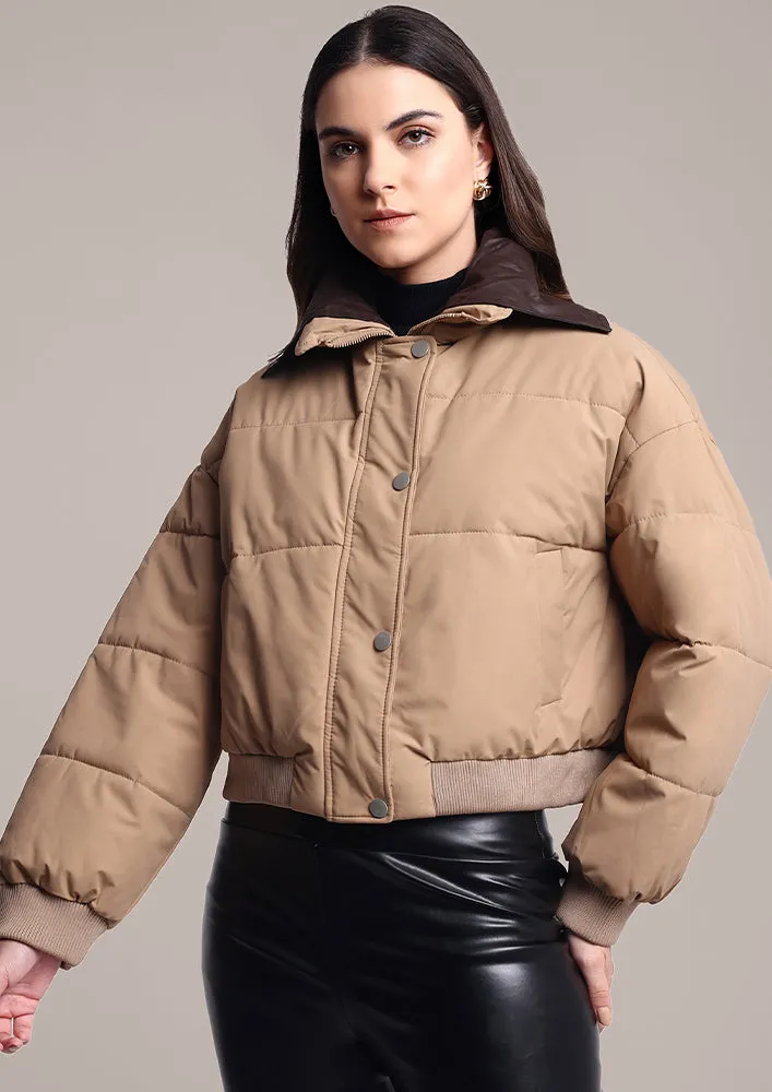 Beige Puffer Jacket With detachable collar