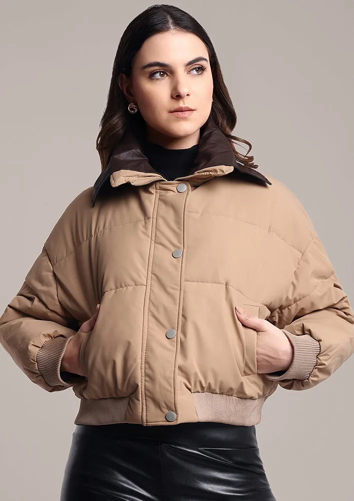 Beige Puffer Jacket With detachable collar