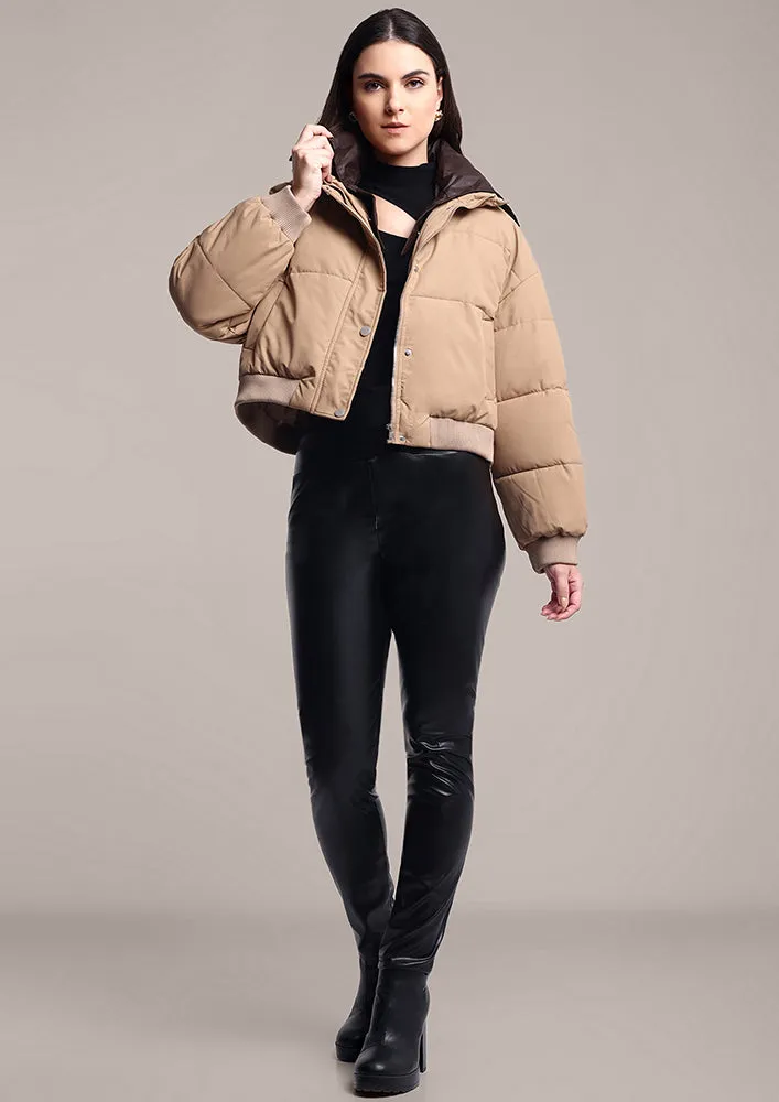 Beige Puffer Jacket With detachable collar