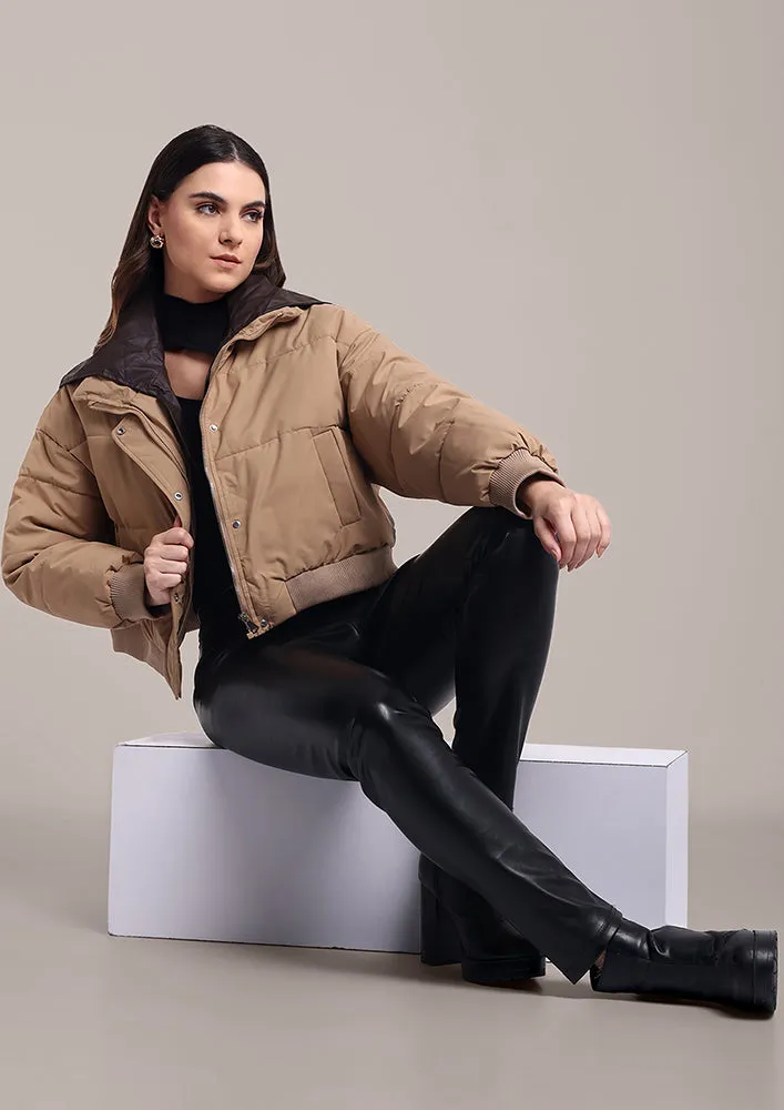 Beige Puffer Jacket With detachable collar
