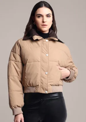 Beige Puffer Jacket With detachable collar