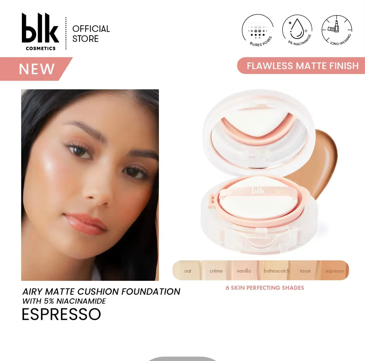 blk cosmetics Airy Matte Cushion Foundation SPF 15% Niacinamide