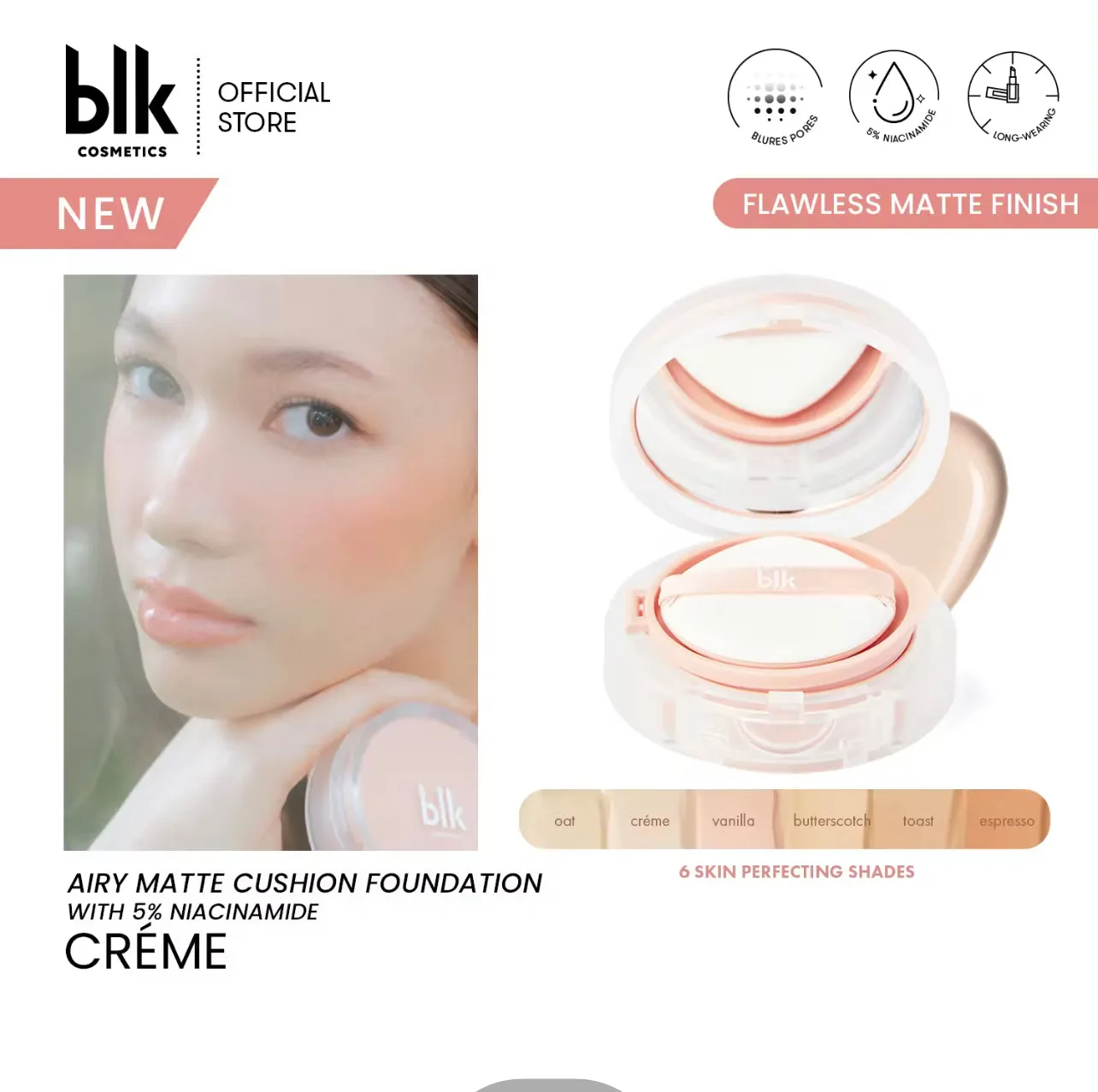 blk cosmetics Airy Matte Cushion Foundation SPF 15% Niacinamide