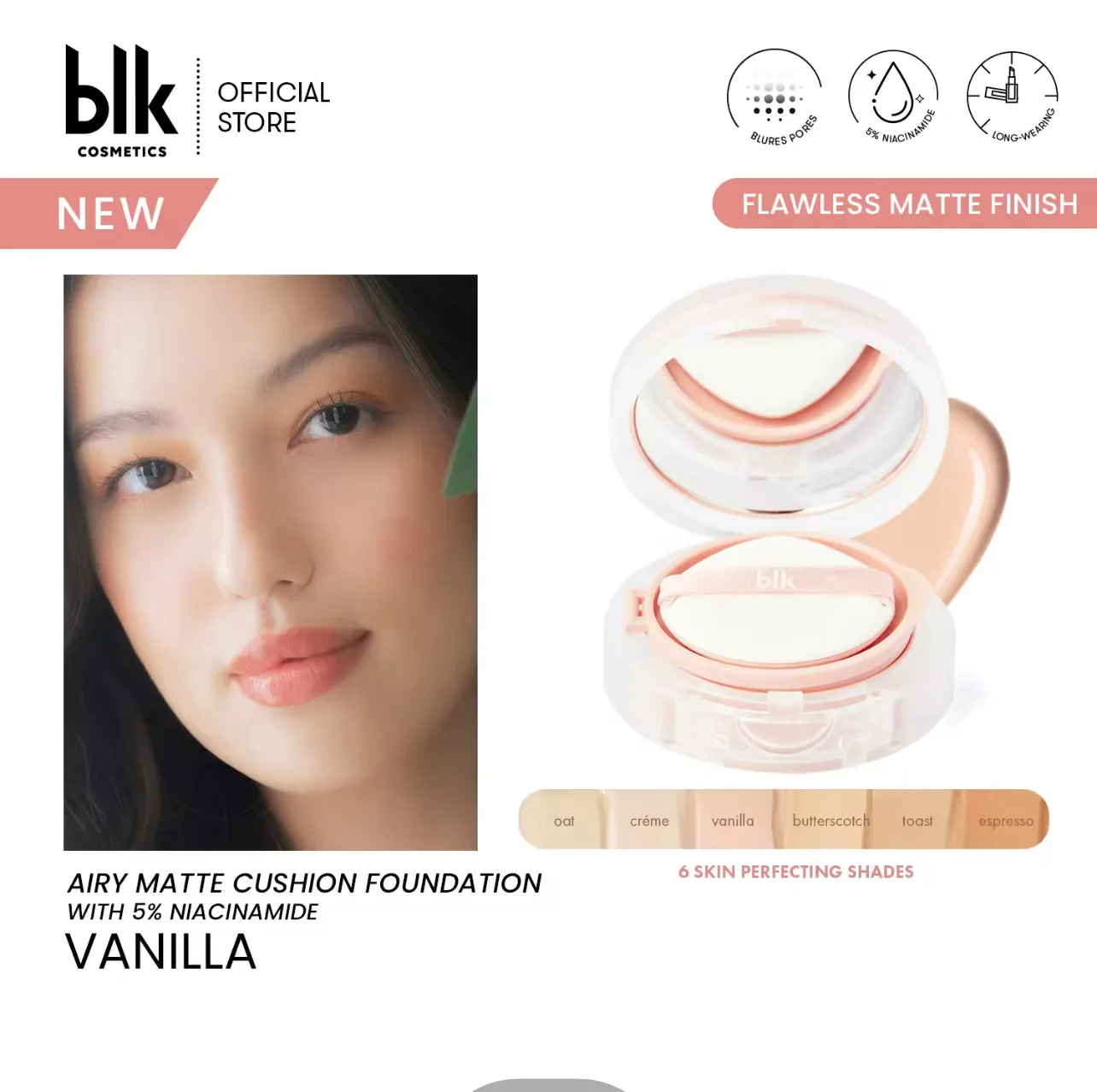 blk cosmetics Airy Matte Cushion Foundation SPF 15% Niacinamide