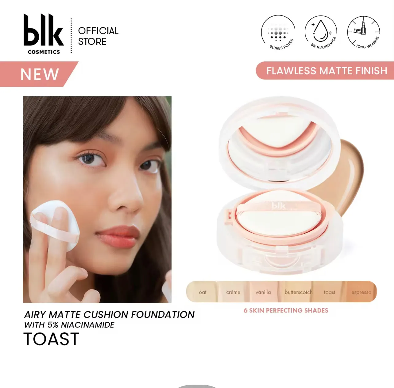 blk cosmetics Airy Matte Cushion Foundation SPF 15% Niacinamide