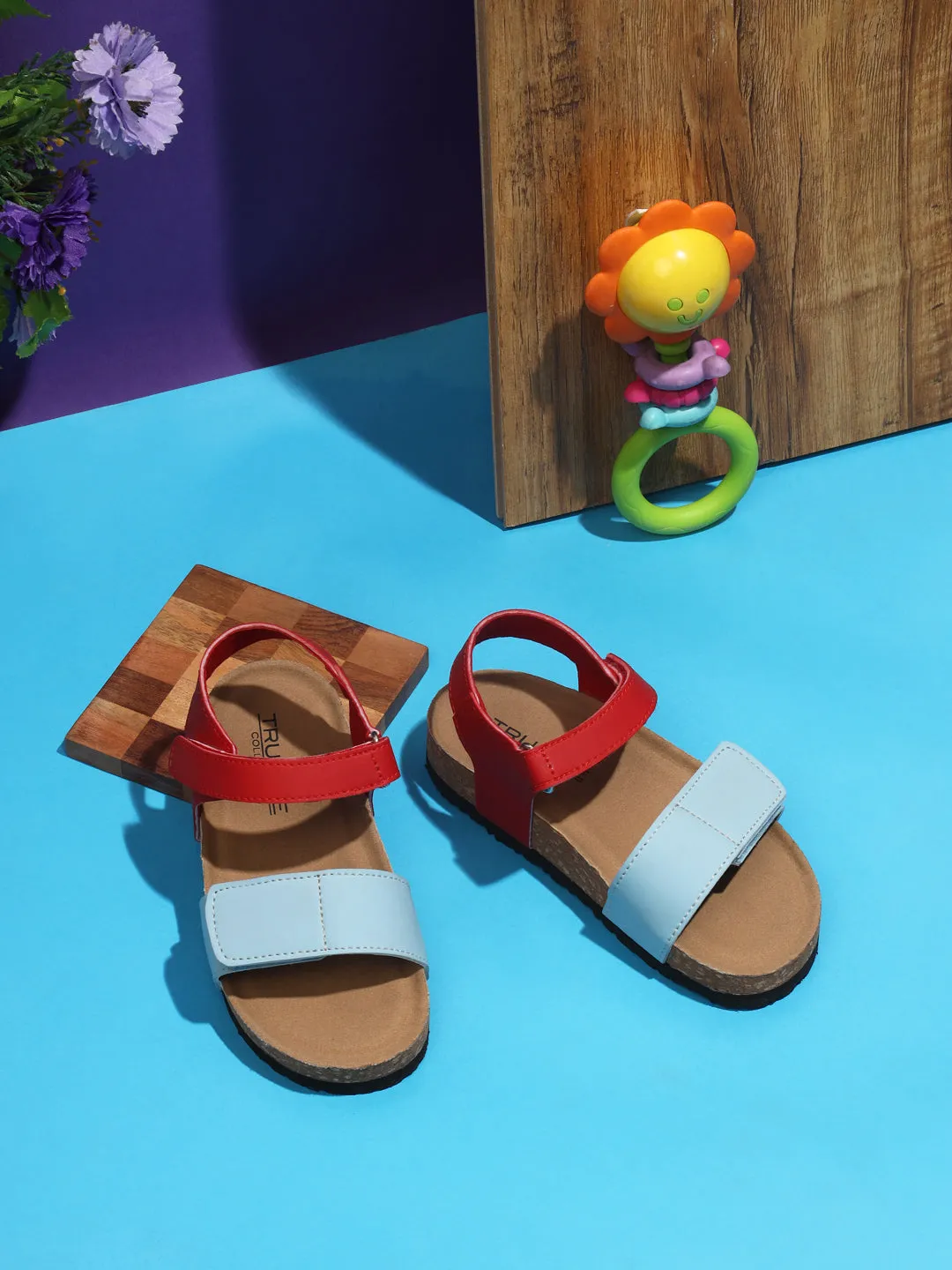 Blue Red PU Cork-Latex Footbed Velcro Sandals For Kids-Unisex (TC-100511-BLURED)