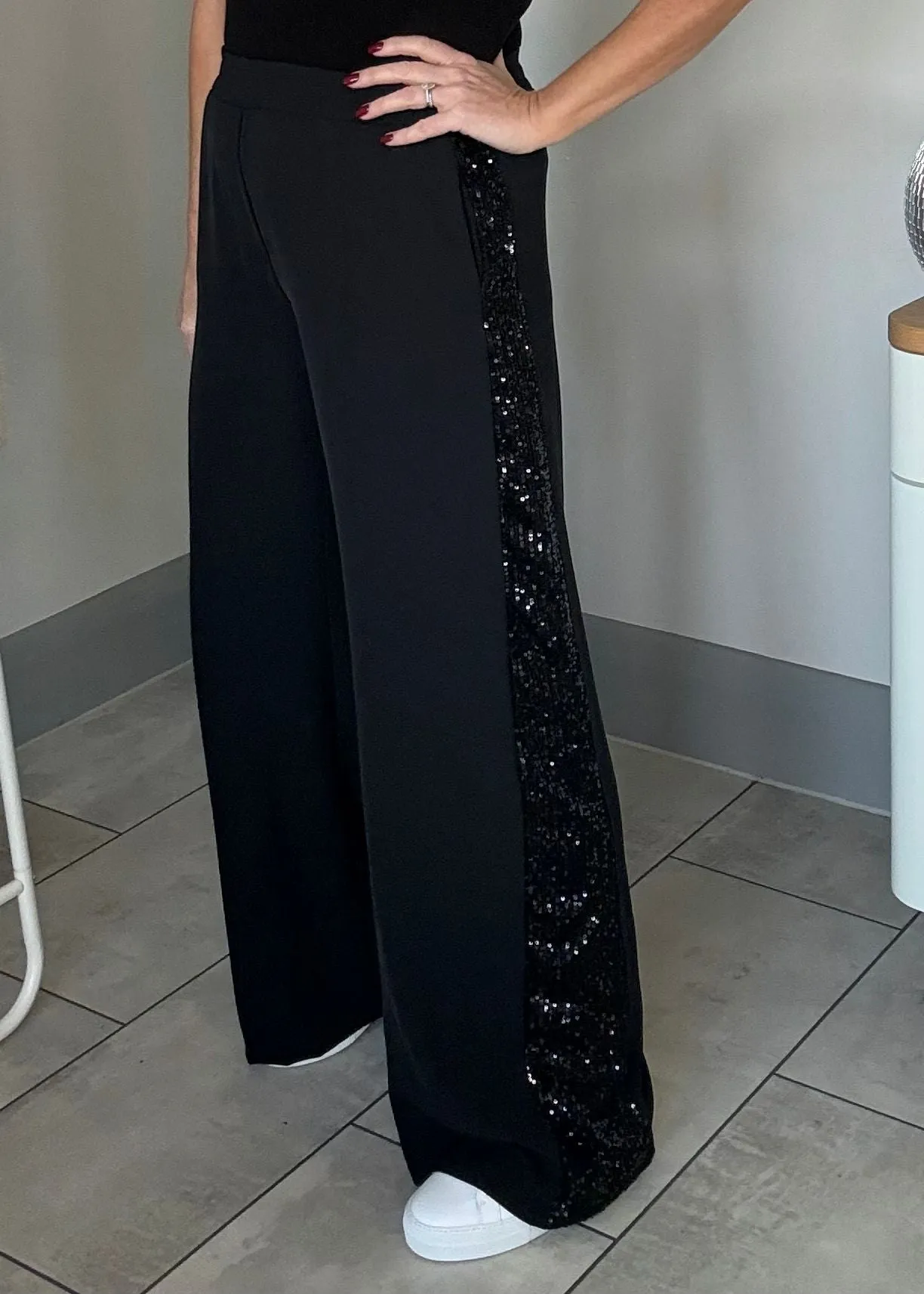 Burgundy Sequin Stripe Wide Leg Trousers