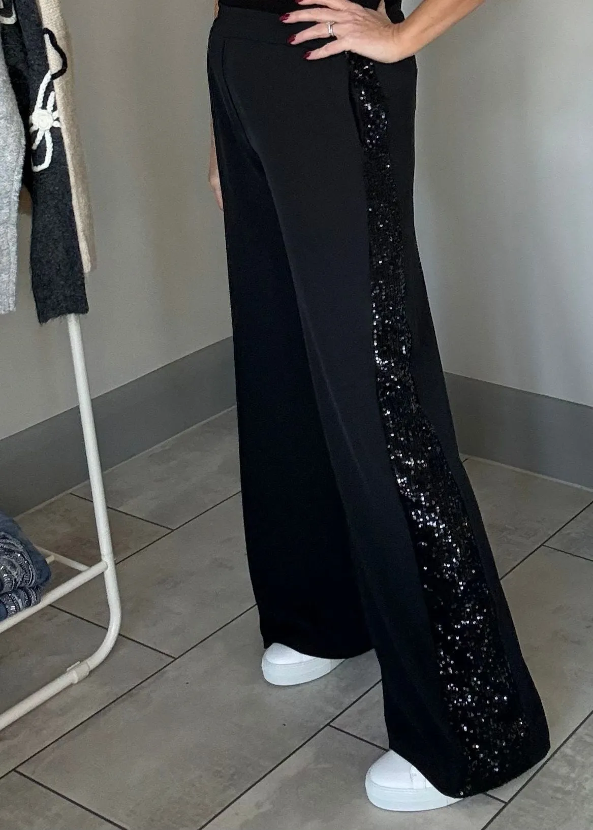 Burgundy Sequin Stripe Wide Leg Trousers