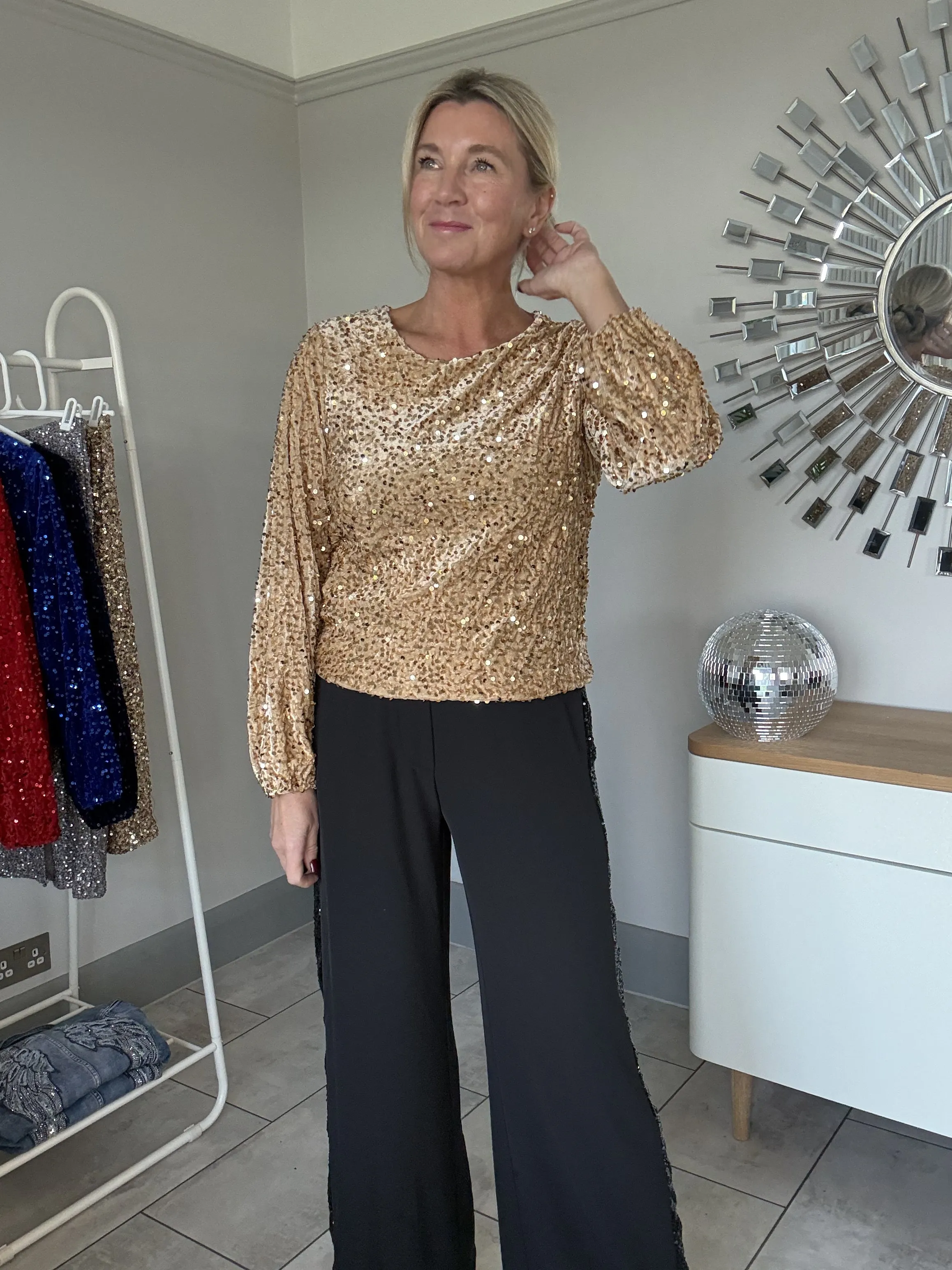Burgundy Sequin Stripe Wide Leg Trousers