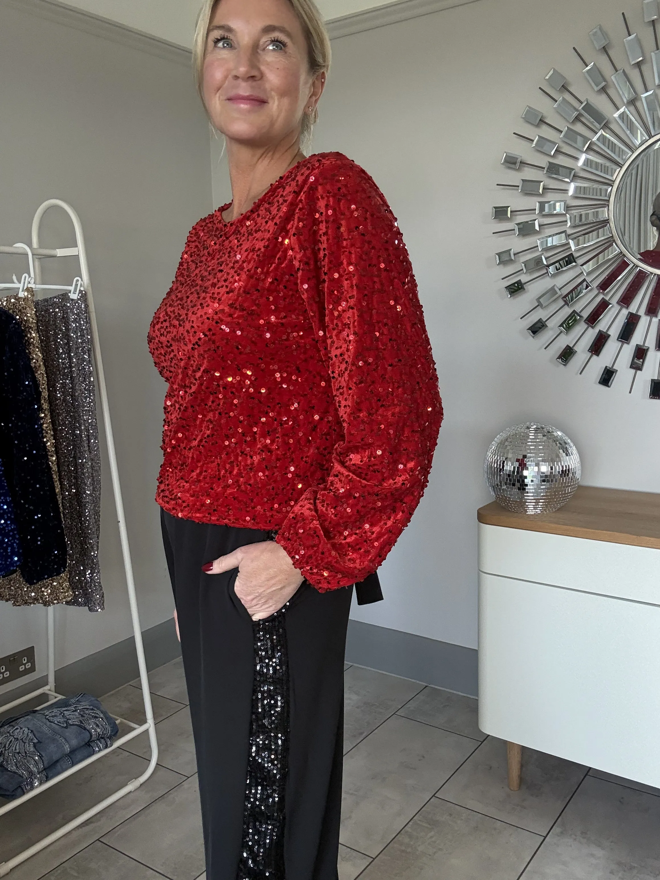 Burgundy Sequin Stripe Wide Leg Trousers