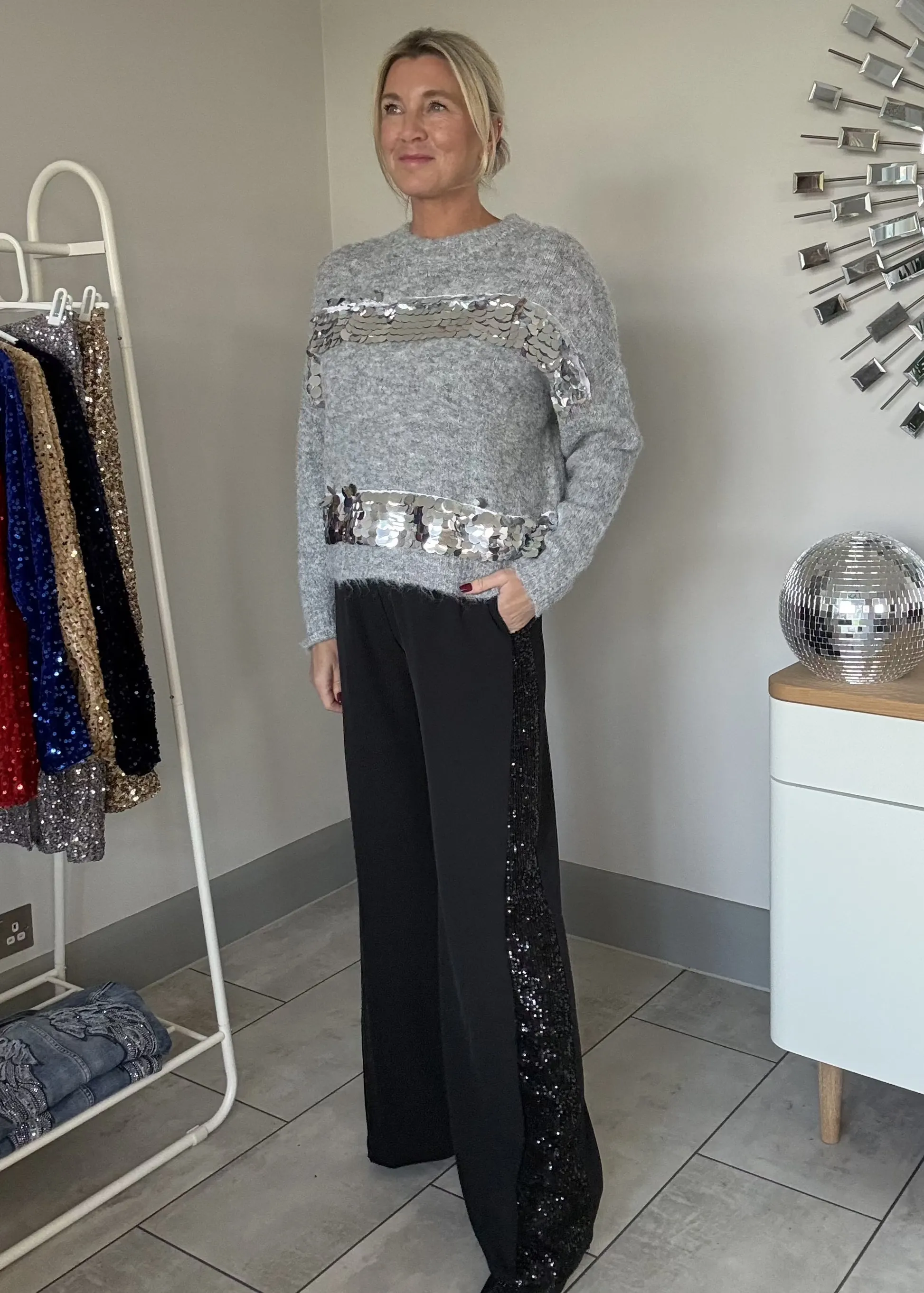Burgundy Sequin Stripe Wide Leg Trousers