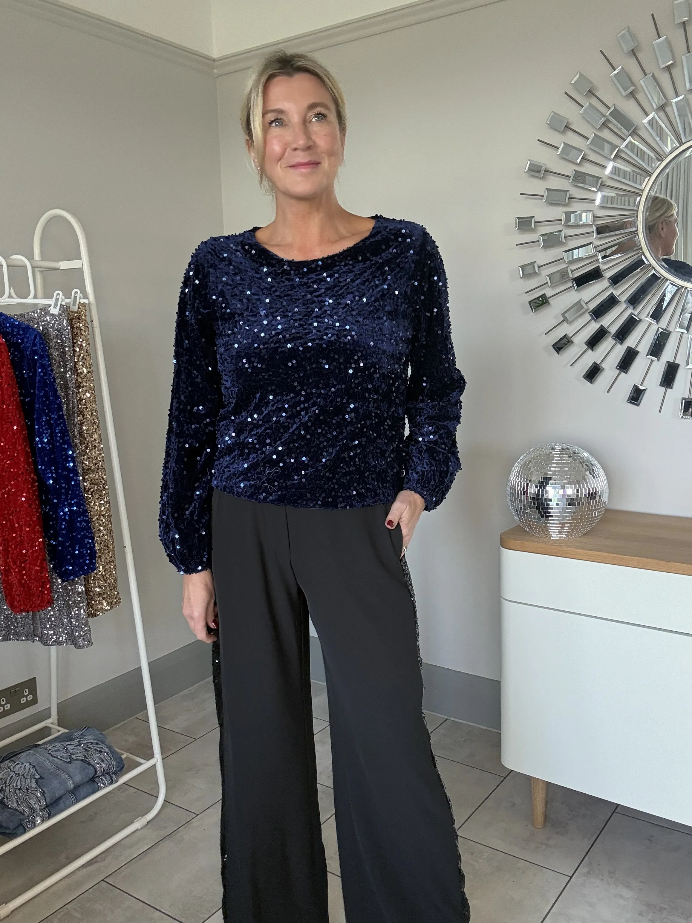 Burgundy Sequin Stripe Wide Leg Trousers