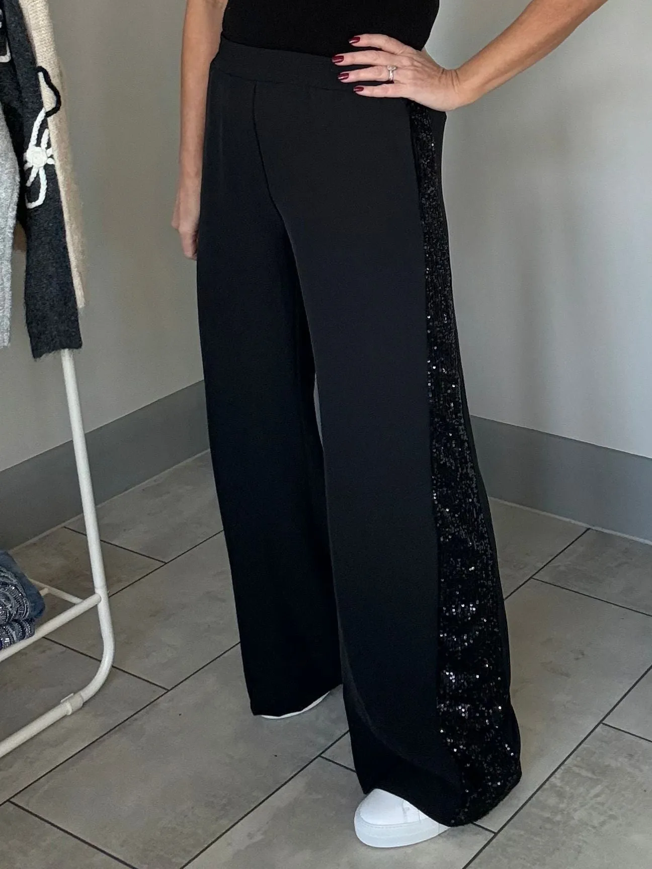 Burgundy Sequin Stripe Wide Leg Trousers