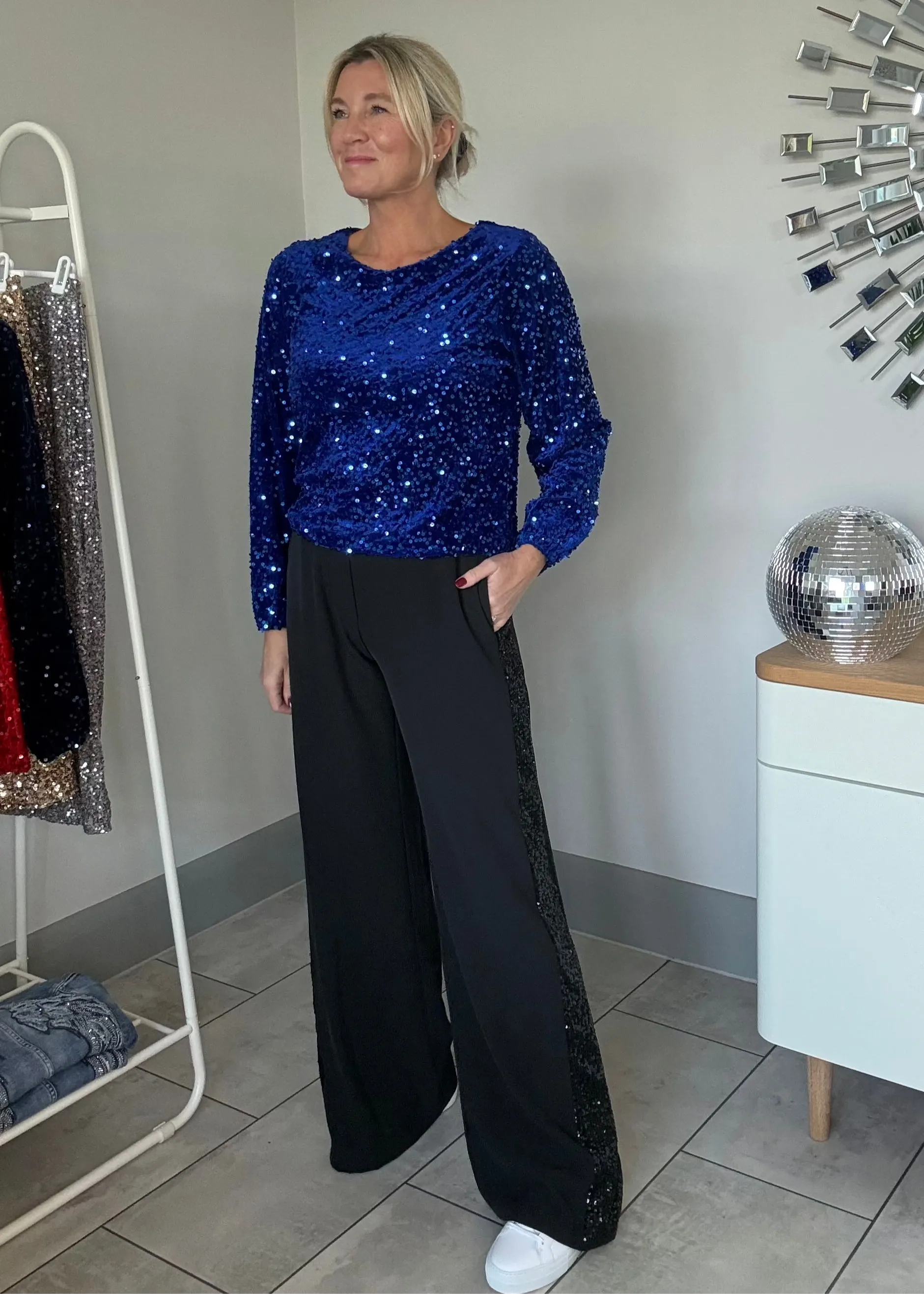 Burgundy Sequin Stripe Wide Leg Trousers