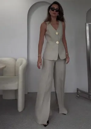 Chic Sleeveless Tailored Vest and Wide-Leg Pants Two-Piece Set