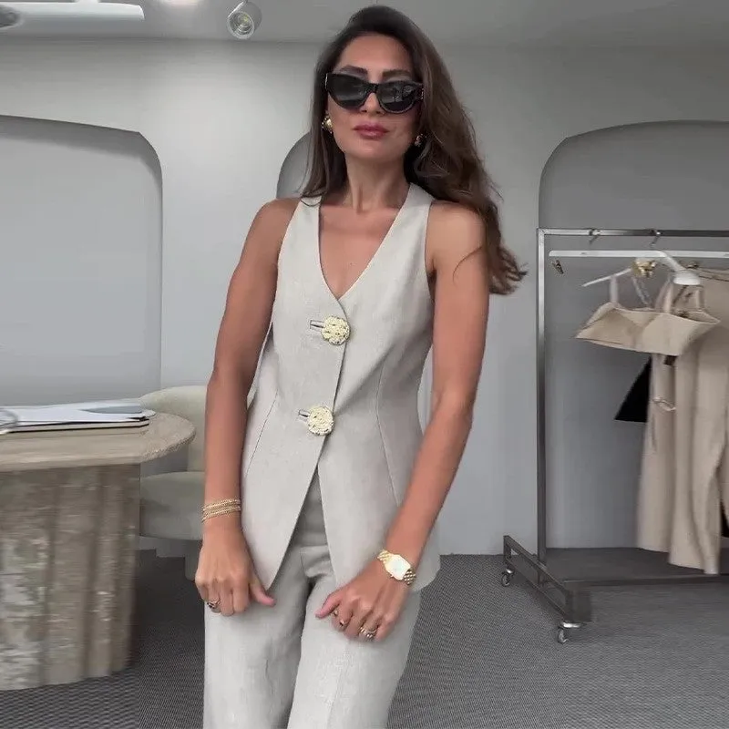 Chic Sleeveless Tailored Vest and Wide-Leg Pants Two-Piece Set