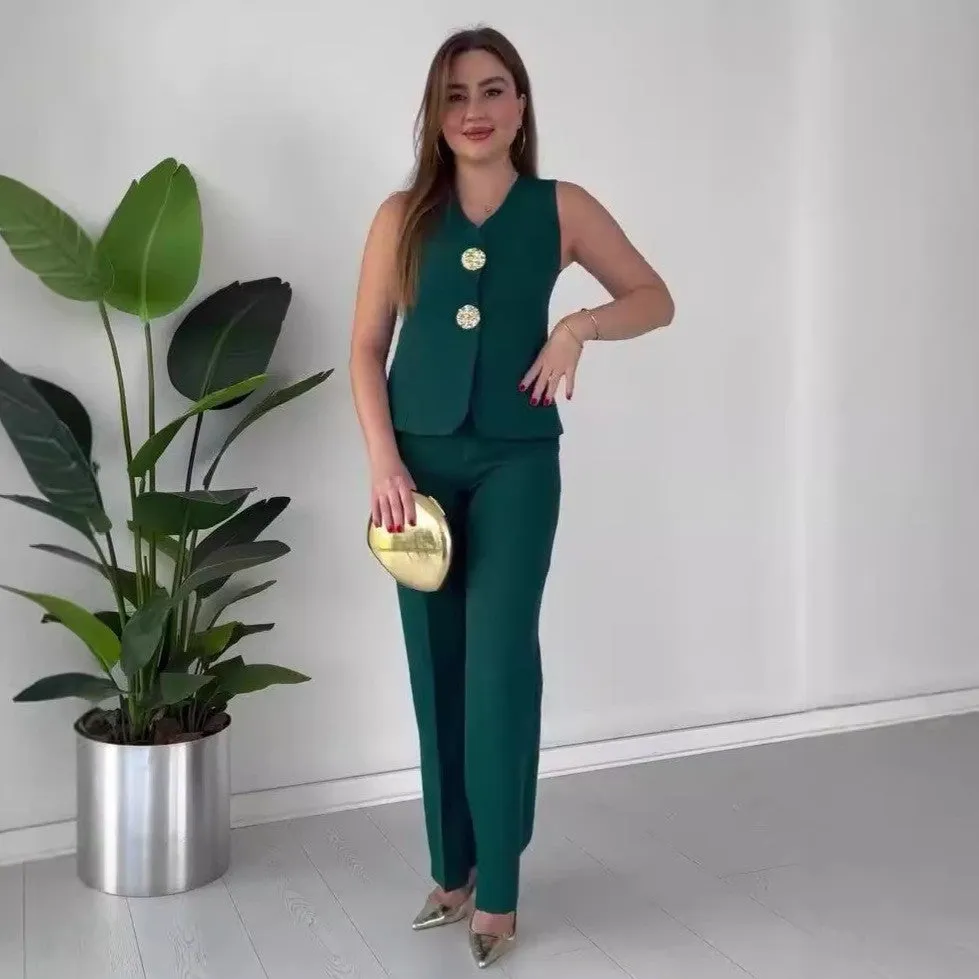 Chic Sleeveless Tailored Vest and Wide-Leg Pants Two-Piece Set