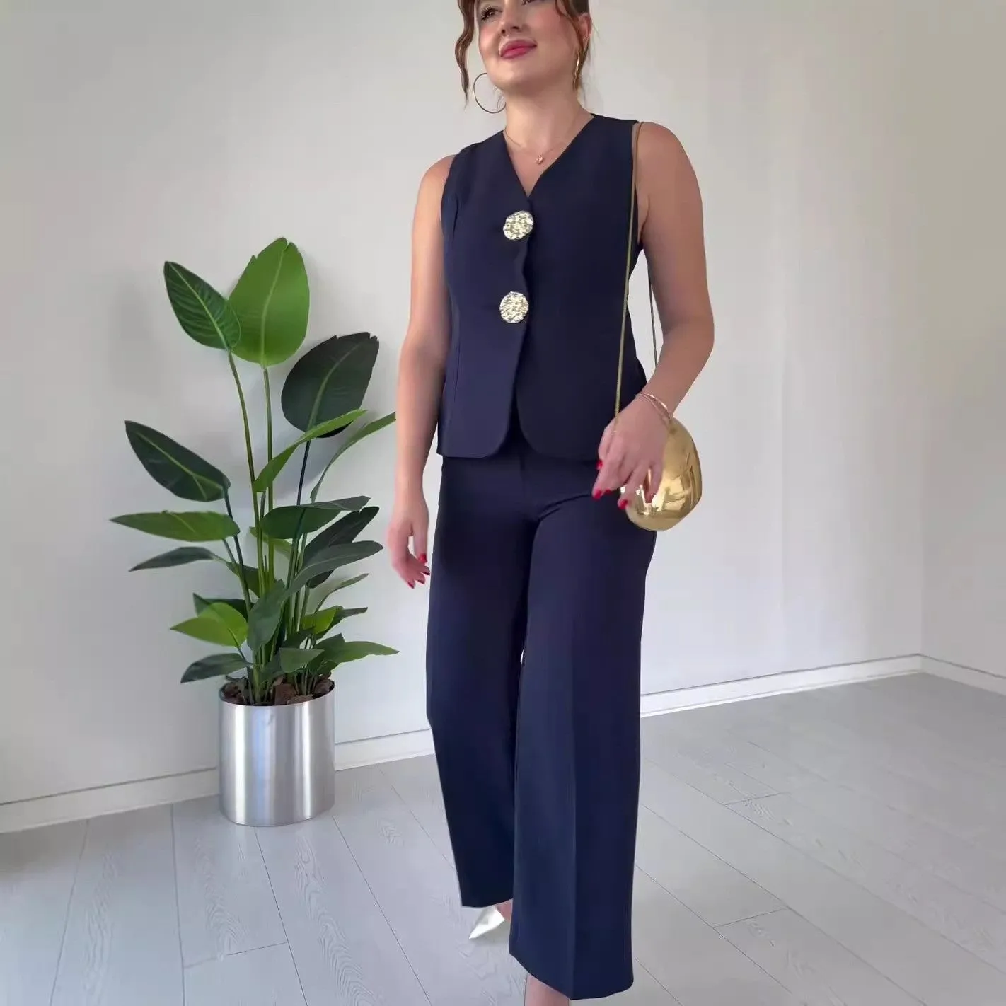 Chic Sleeveless Tailored Vest and Wide-Leg Pants Two-Piece Set