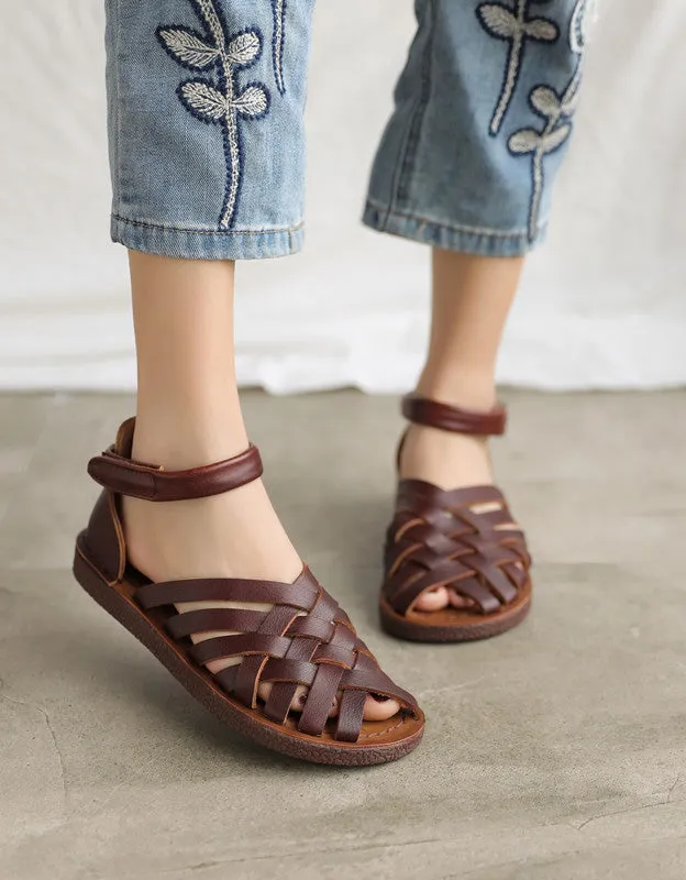 [Clearance]Handmade Soft Leather Woven Flat Sandals 40