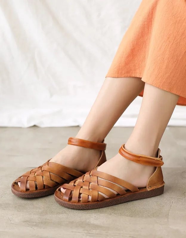 [Clearance]Handmade Soft Leather Woven Flat Sandals 40