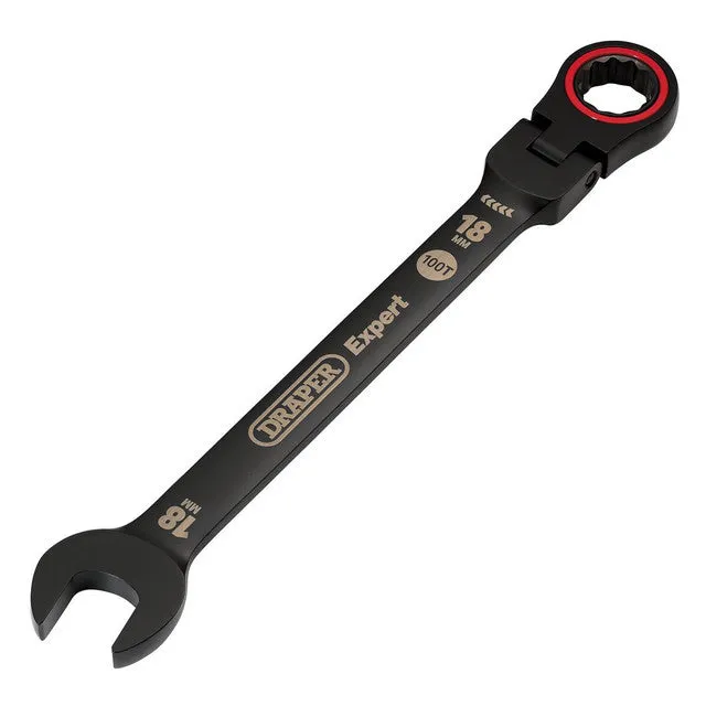 Draper Tools Expert HI-TORQ® Metric Flexible Head Ratchet Combination Spanner, 18mm, Black