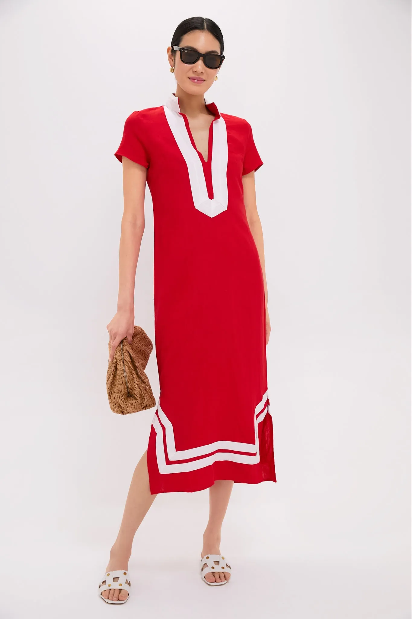 Exclusive Red and White Short Sleeve Classic Maxi Tunic