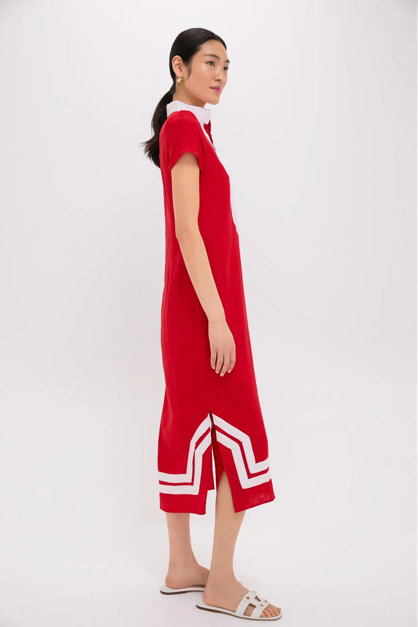 Exclusive Red and White Short Sleeve Classic Maxi Tunic