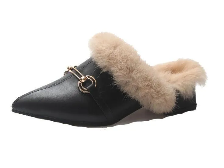 Faux Fur Lined Buckle Flats