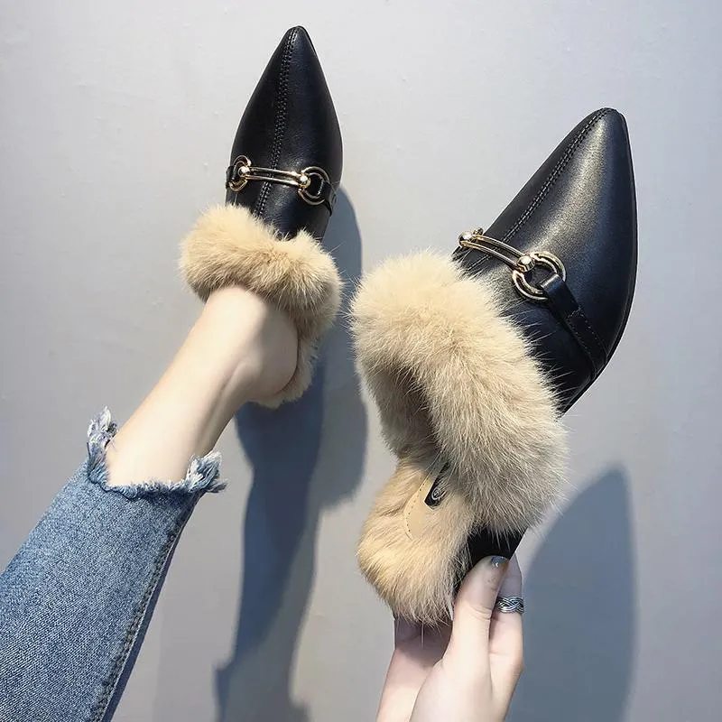Faux Fur Lined Buckle Flats