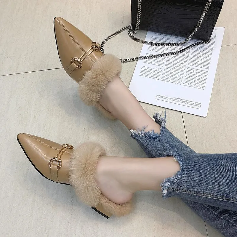 Faux Fur Lined Buckle Flats