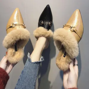 Faux Fur Lined Buckle Flats