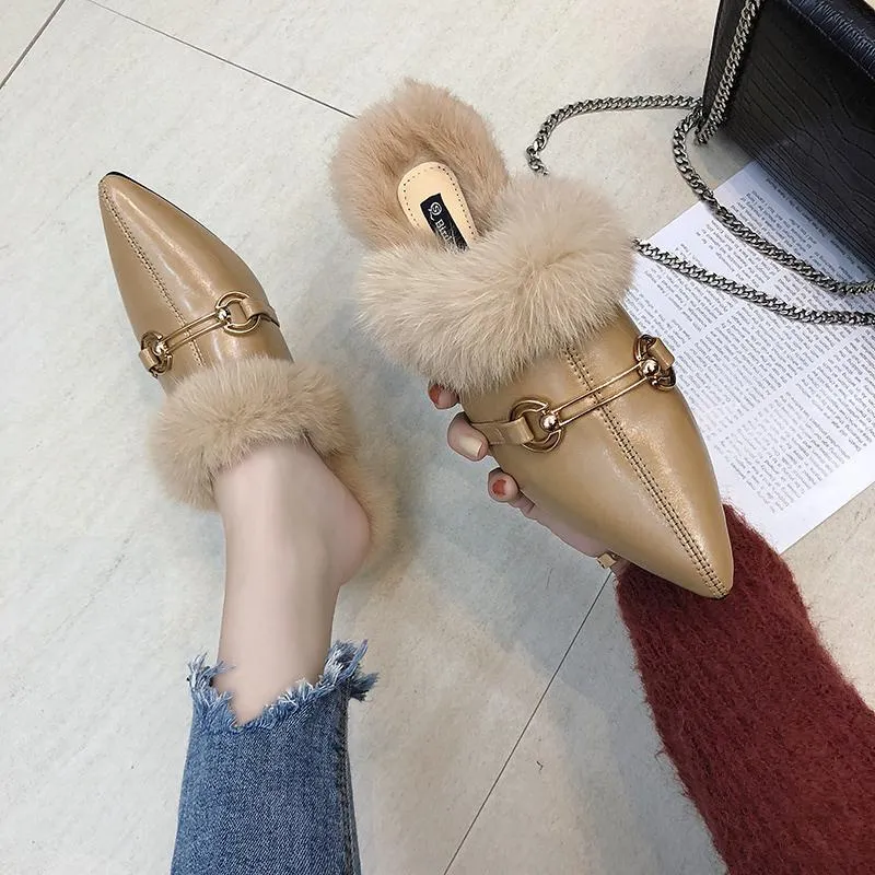 Faux Fur Lined Buckle Flats