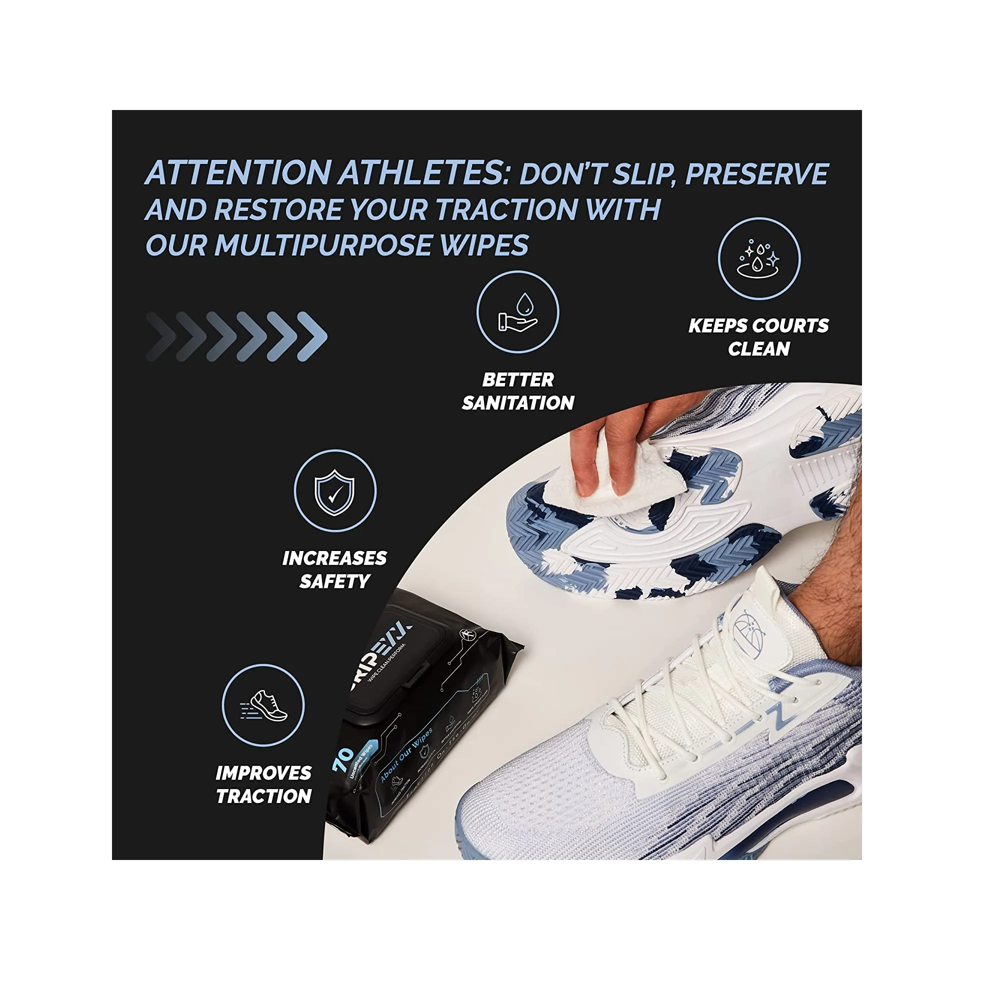 GRIPEXX Shoe Cleaner Wipes 70 Shoe Wipes, Removes Dirt Scuffs & Provides Traction 2 in 1 Multipurpose