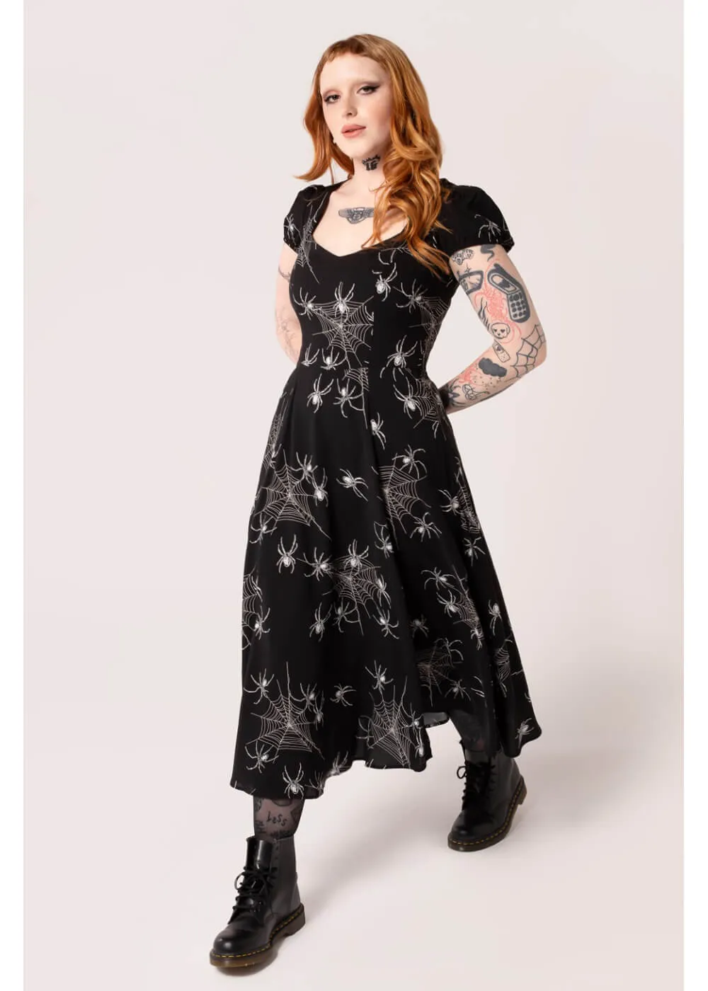 Hell Bunny Grungy Spider 50's Midi Dress Black