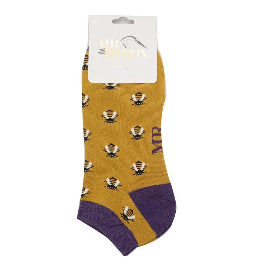 Honey Bees Bamboo Trainer Socks in Yellow by Mr Heron, Size UK 7-11
