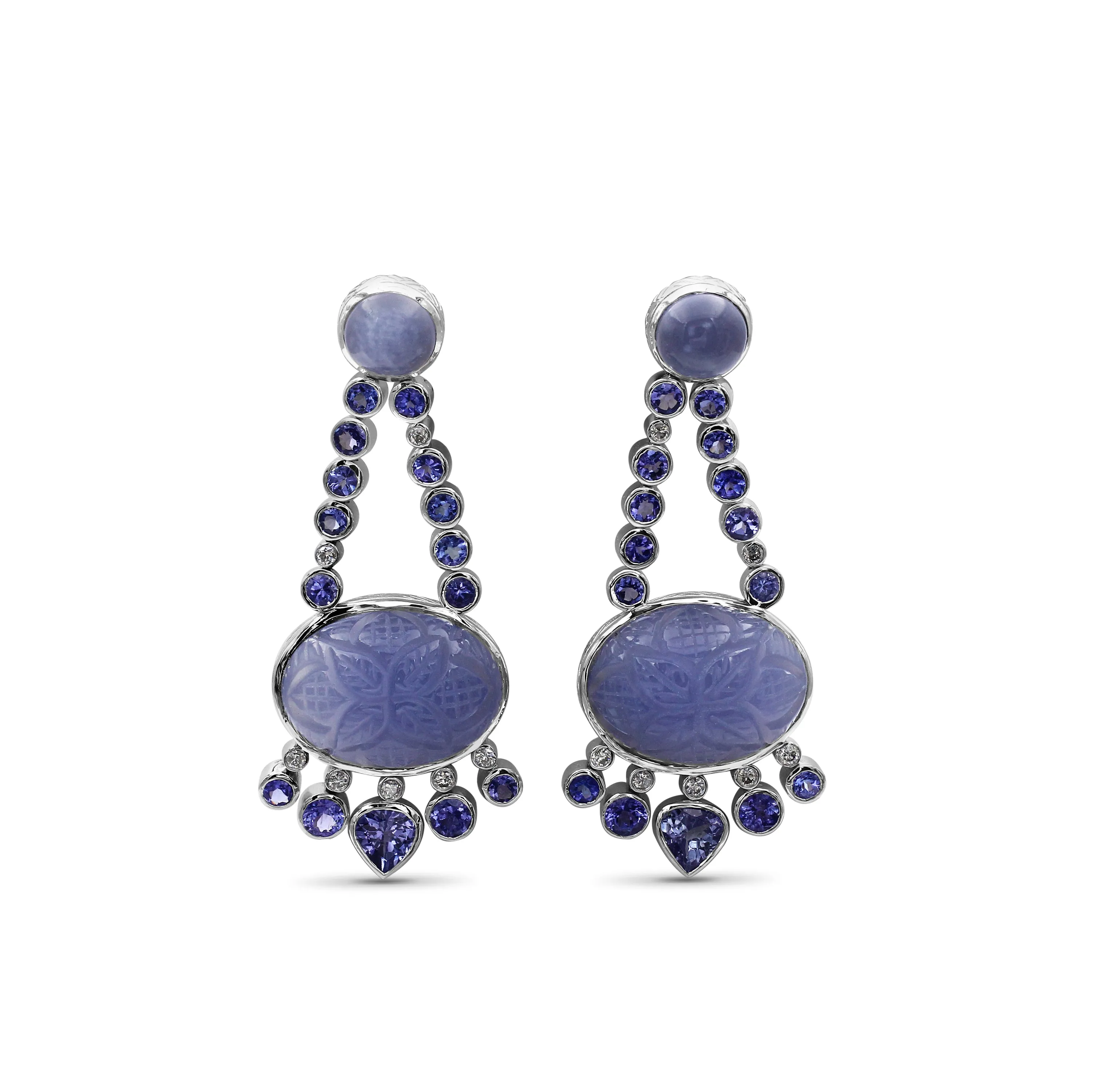 Luxury Chalcedony 43.1ct Tanzanite 6.4ct and Diamond 0.35ct Earring in 18K Gold