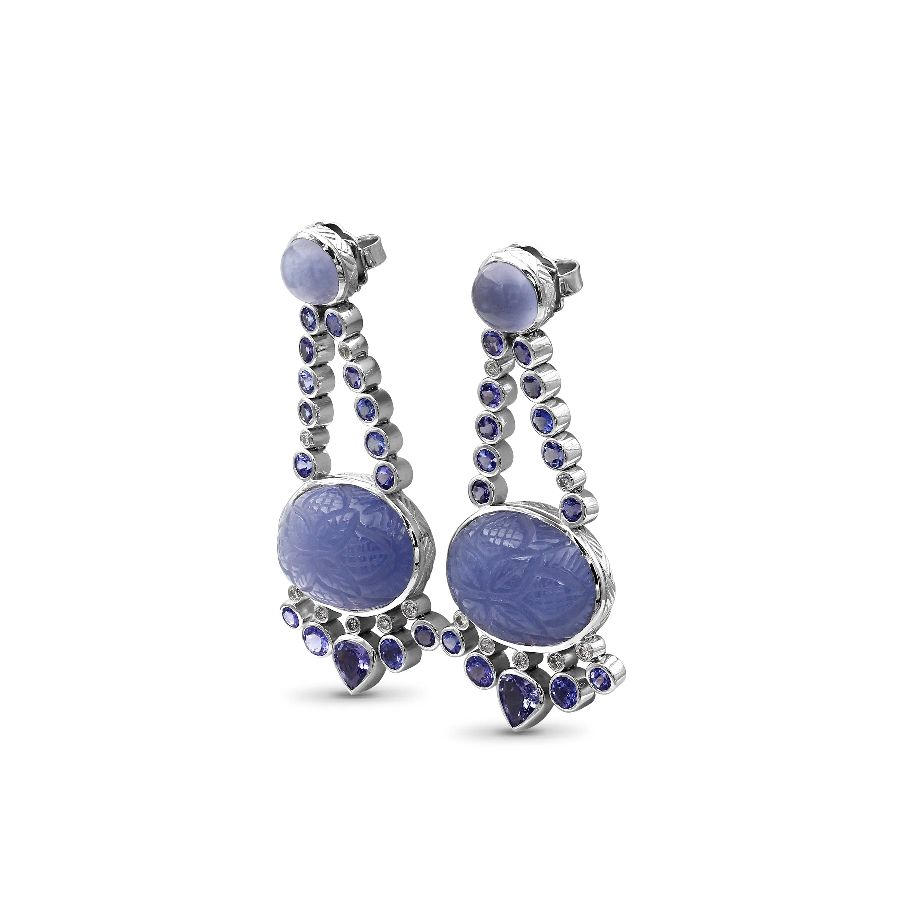 Luxury Chalcedony 43.1ct Tanzanite 6.4ct and Diamond 0.35ct Earring in 18K Gold