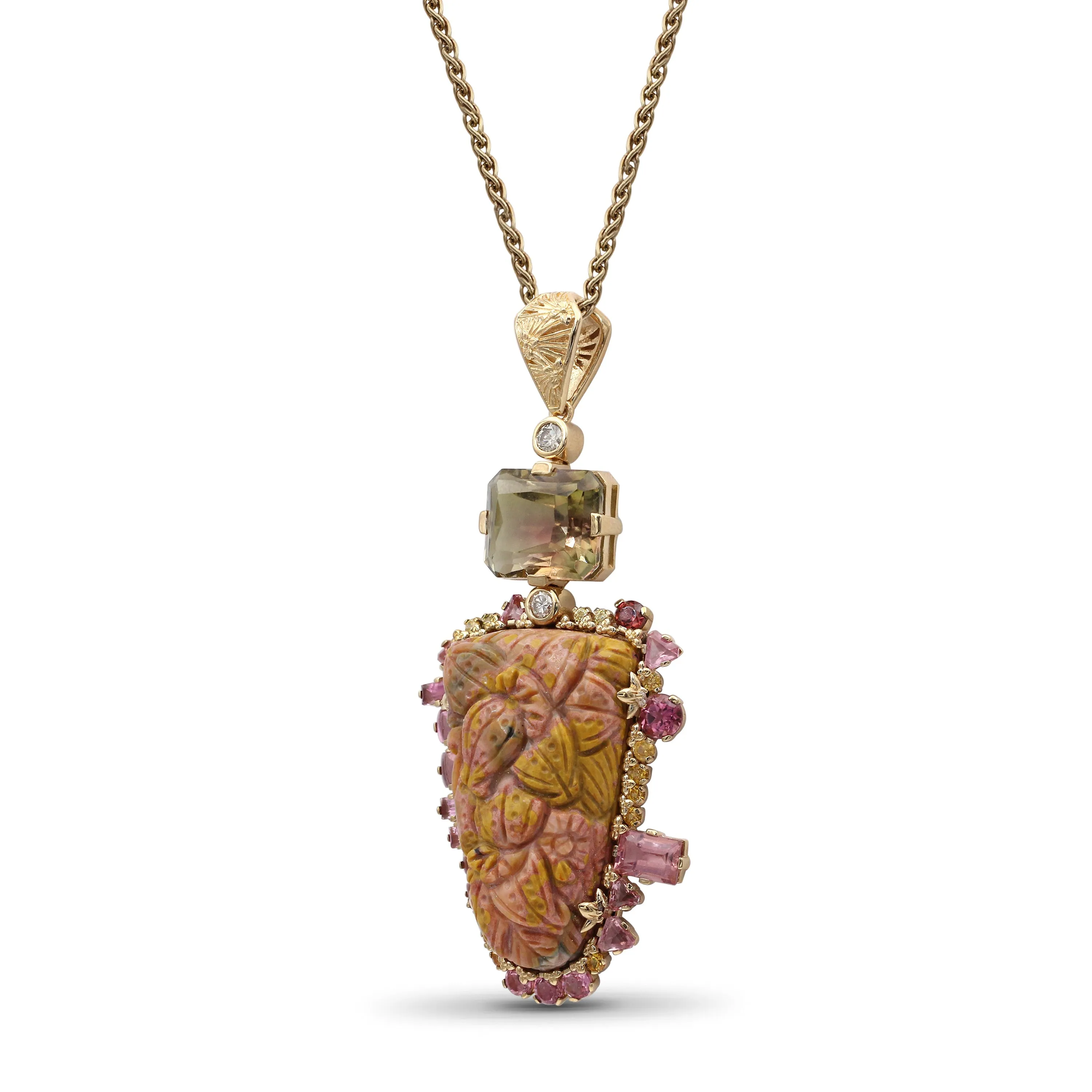 Luxury Hand Carved Sunset Jasper 34.3ct Bi-Color Tourmaline 6.7ct Yellow Sapphire 0.40ct Pink Tourmaline 2.8ct and Diamond 0.25ct Pendant in 18K Gold