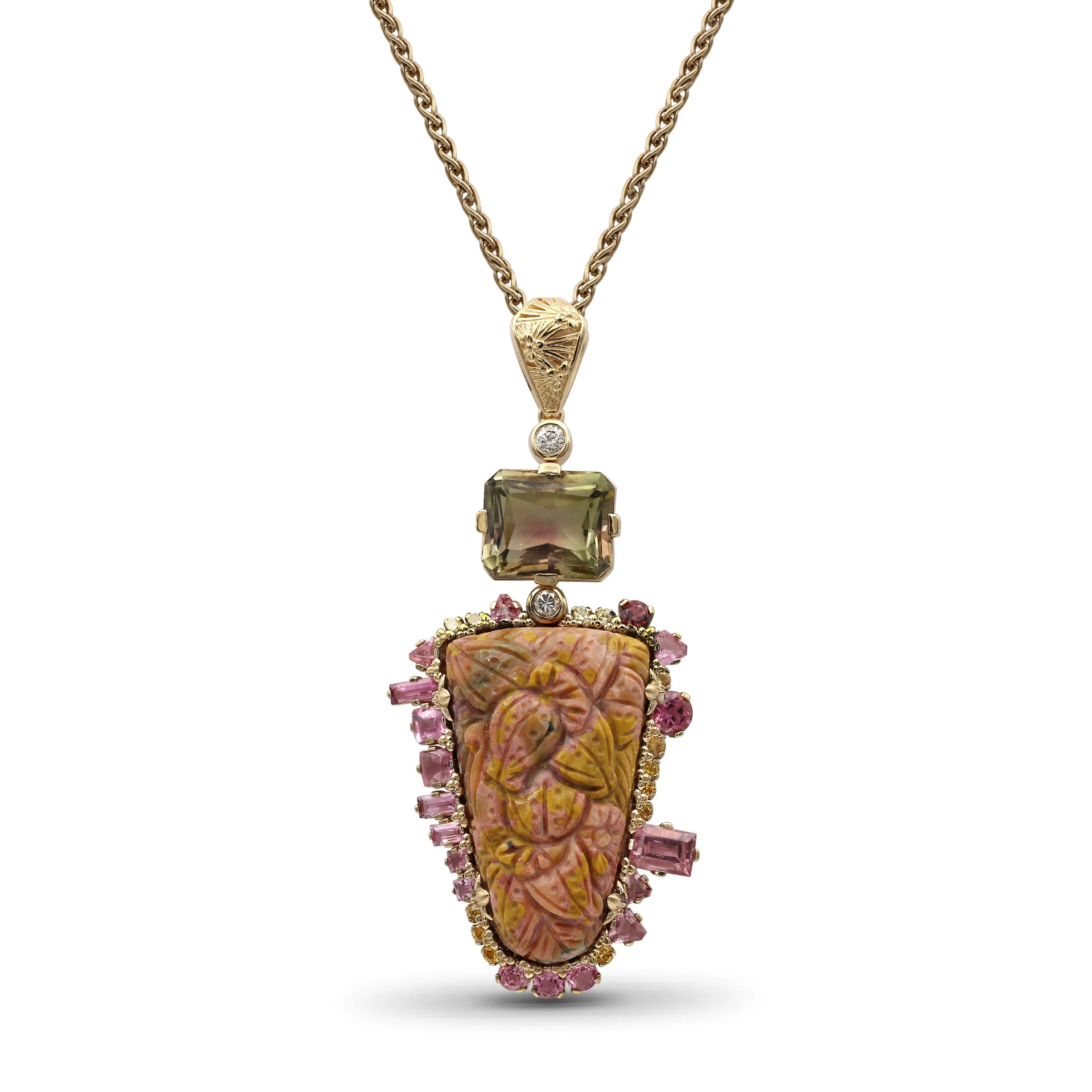 Luxury Hand Carved Sunset Jasper 34.3ct Bi-Color Tourmaline 6.7ct Yellow Sapphire 0.40ct Pink Tourmaline 2.8ct and Diamond 0.25ct Pendant in 18K Gold