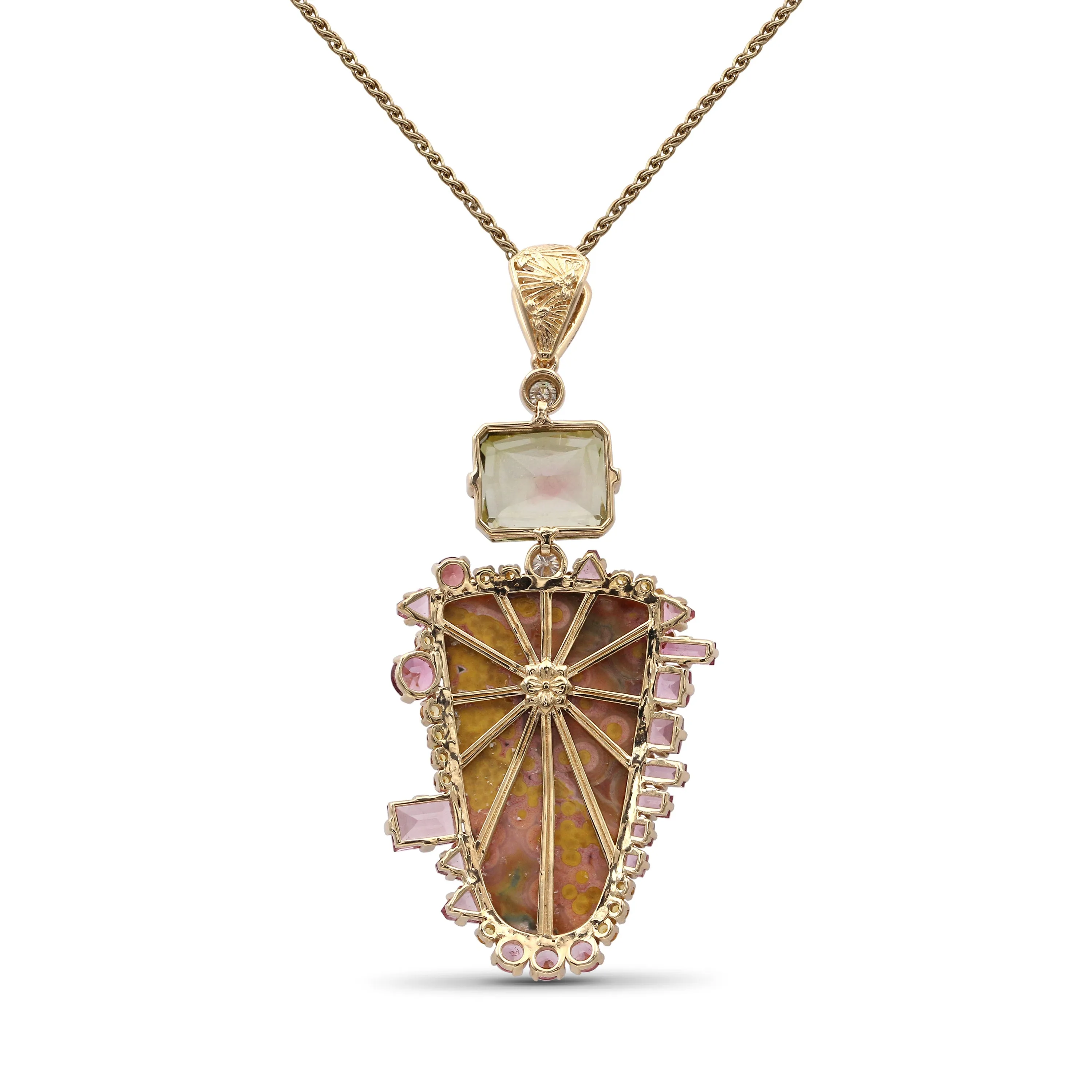 Luxury Hand Carved Sunset Jasper 34.3ct Bi-Color Tourmaline 6.7ct Yellow Sapphire 0.40ct Pink Tourmaline 2.8ct and Diamond 0.25ct Pendant in 18K Gold