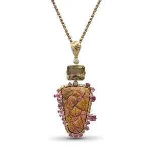 Luxury Hand Carved Sunset Jasper 34.3ct Bi-Color Tourmaline 6.7ct Yellow Sapphire 0.40ct Pink Tourmaline 2.8ct and Diamond 0.25ct Pendant in 18K Gold