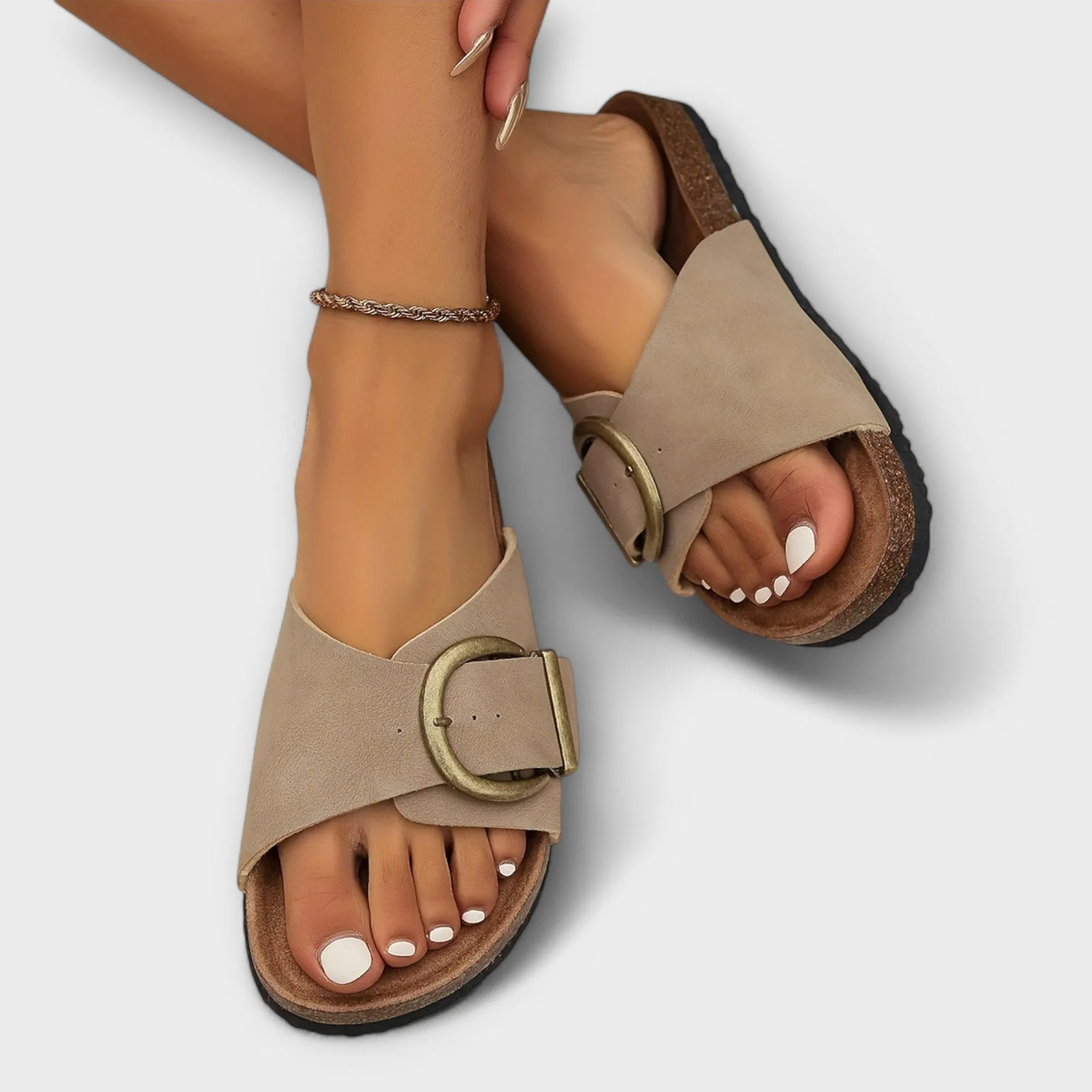 Margie - Women's Cork Slippers with Buckle Strap Design