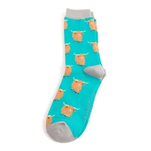 Mr Sparrow Highland Herd Teal Bamboo Socks