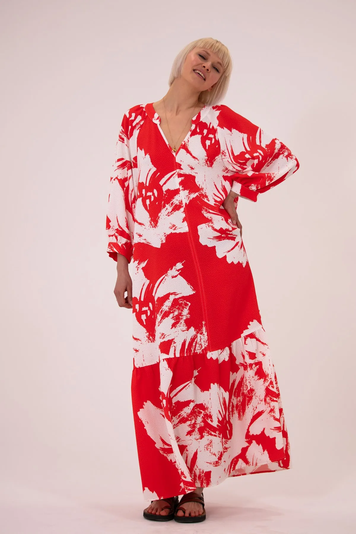 Naomi Silk Crepe Red Print Dress