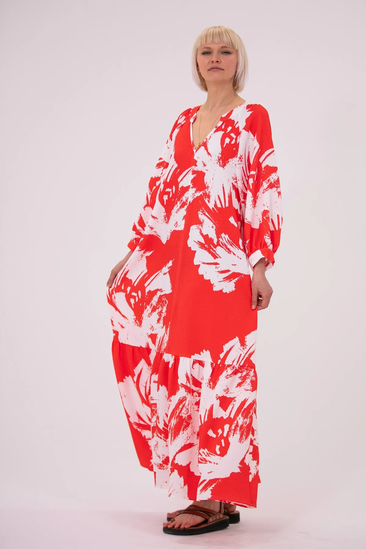Naomi Silk Crepe Red Print Dress
