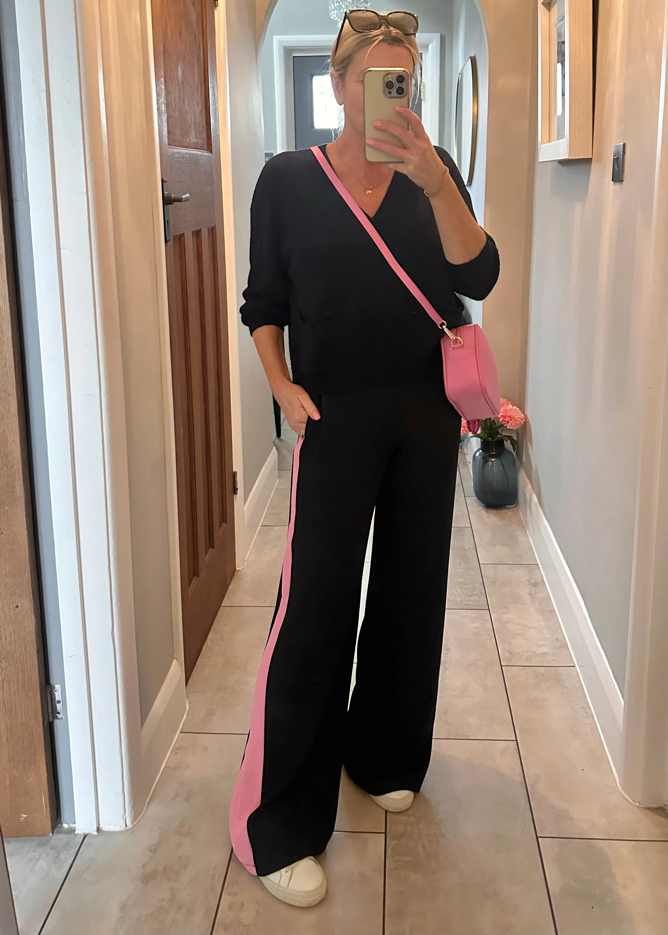 Navy/Pink Stripe Wide Leg Trousers