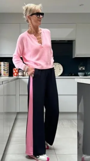 Navy/Pink Stripe Wide Leg Trousers